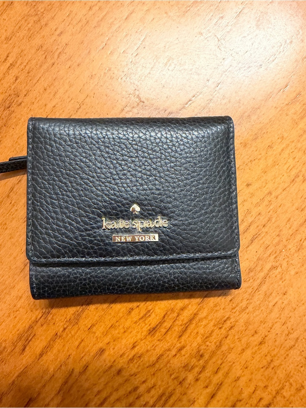 kate spade Black Pebbled Leather Small Bifold Wallet with Gold Logo